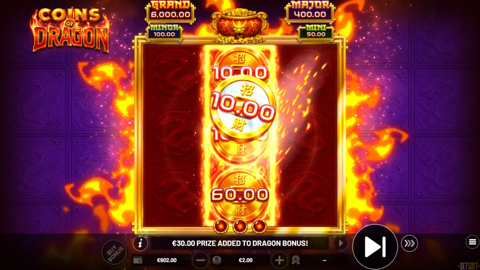 Two Dragon Bonus symbols collecting one MAJOR symbol together in Coins of Dragon Hold & Win