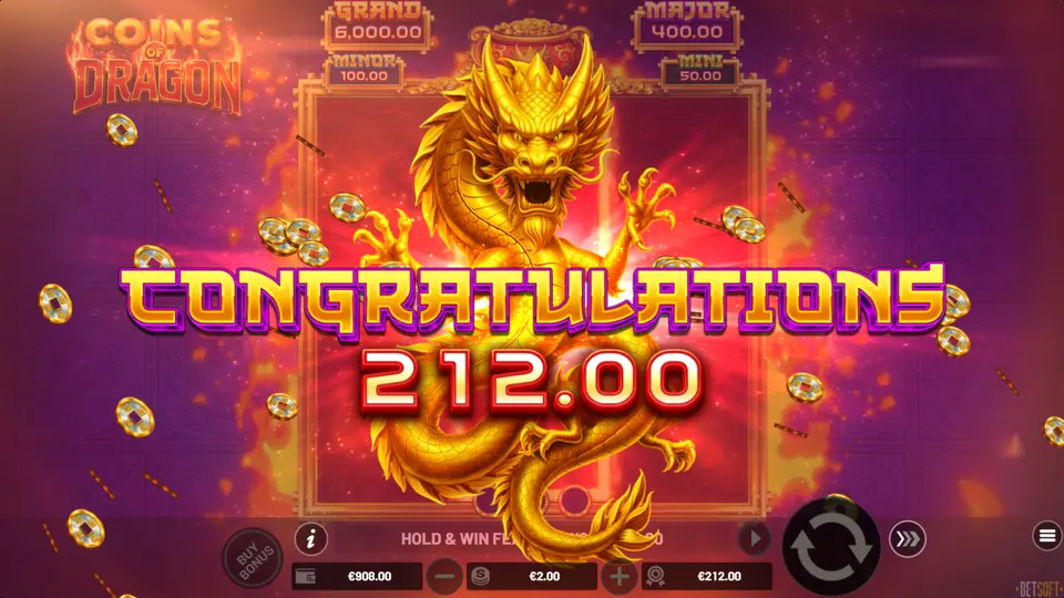 Final Hold & Win screen with GRAND symbols and win banner in Coins of Dragon: Hold and Win