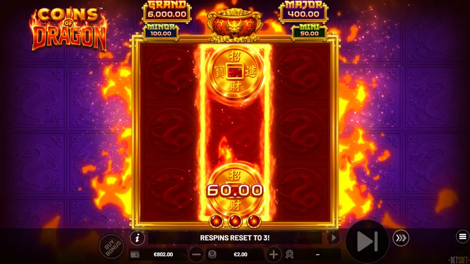 Pot of Gold modifier converting reel symbols into BONUS positions in Coins of Dragon: Hold and Win